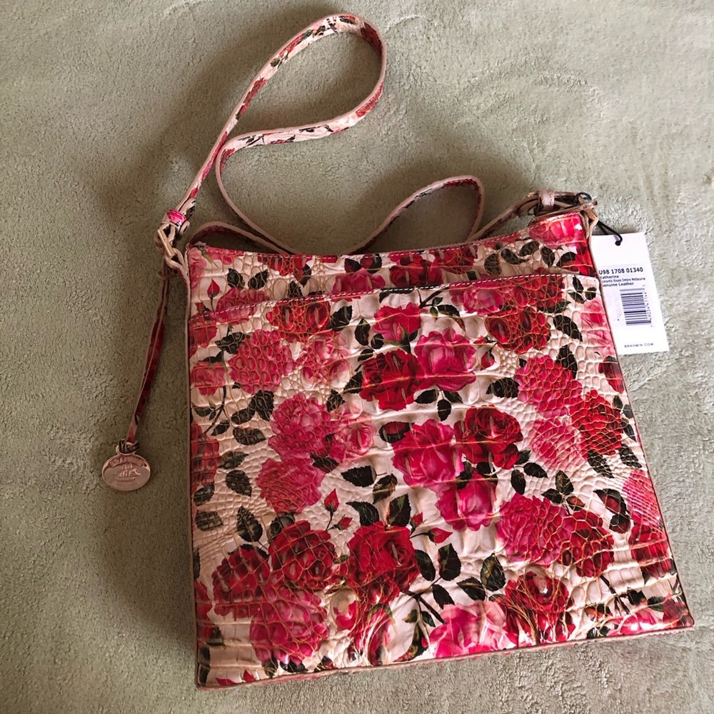 Brahmin bag Katherine Romantic Roses Ombré leather crossbody pink red croc Katie - Picture 3 of 13